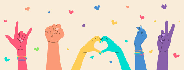 Colorful hands raised up. Rainbow colors.Vector illustration - obrazy, fototapety, plakaty