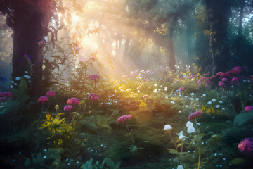Obraz na płótnie Canvas Beautiful enchanted forest with flowers in morning light. AI generative