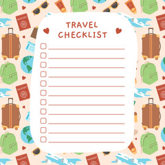 Travel checklist, packing list or planner. Template for vacation, journey, trip. Vector flat illustration