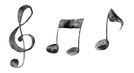 Watercolour illustration collection of musical symbols: clef and music notes. Handdrawn black water color grungy painting on white background, cut out clip art elements for creative design decoration.