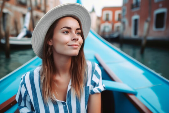 Happy woman in Venice smiling as she sails a Gondola through the city's canals, wearing a trendy blue and white striped dress and hat, European Tourism. Illustration. Generative AI
