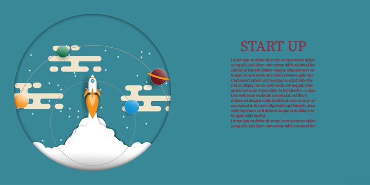 Rocket launch  to sky  above  clouds on blue background , Space ship  flying to  galaxy with  planet  star ,Flat style vector illustration,Business new project start up strategy  Concept
