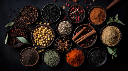 Fototapeta na wymiar Different spices and herbs on dark background. Generative ai