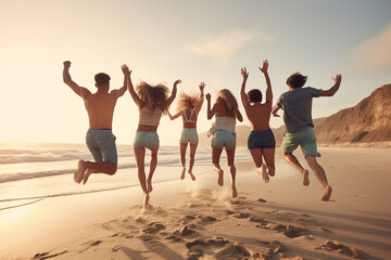 Happy people jumping on the beach. Generative ai