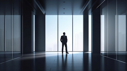 Fototapeta na wymiar Business background, Smart businessman in black suit standing interior modern office. Generative ai