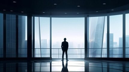 Fototapeta na wymiar Business background, Smart businessman in black suit standing interior modern office. Generative ai