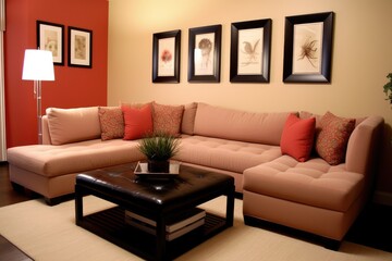 Modern living room in coral or terracotta red color theme, with sectional sofa and coffee table. High quality generative ai