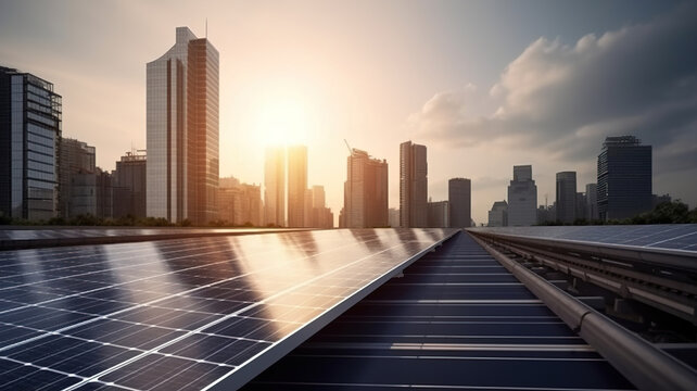 Solar panels mounted on building roof top, panoramic view city skyscape at sunset. Clean ecological electricity production, renewable energy concept