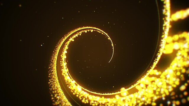 Beautiful luxury golden particles trail and glowing glitter. flying through tunnel with sparkling stardust flowing. magical shimmering galaxy floor for award ceremony event. Loopable. LED.4K