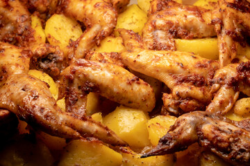 Oven baked chicken wings with potato pieces