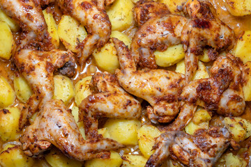 Oven baked chicken wings with potato pieces