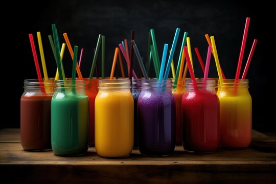 a series of mason jars of varying hues, each holding a distinct beverage Generative AI