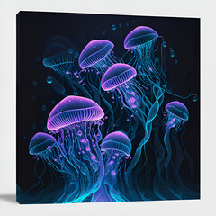 jellyfish in the sea with neon colors on dark background 