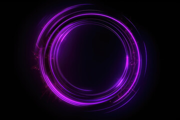 Neon glow. Round frame. Quantum portal. Defocused fluorescent purple color glitch light flare...
