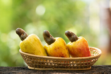Fresh cashew fruits on nature background.
