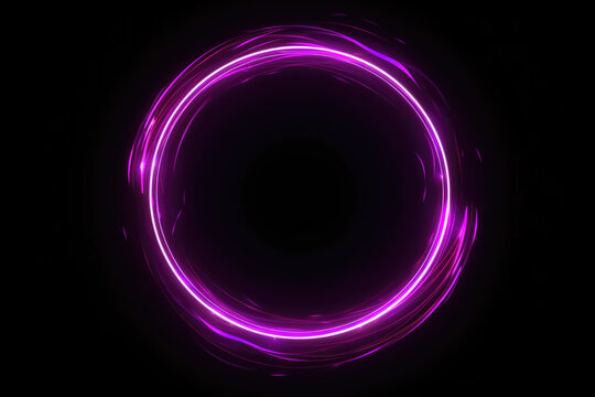 Neon glow. Round frame. Quantum portal. Defocused fluorescent purple color glitch light flare circle on dark black futuristic abstract illustration empty space background