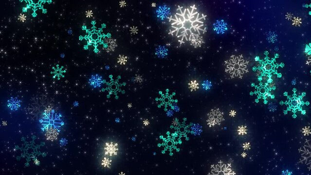 Beautiful elegance seamless colorful snowflakes falling.and white sparkling particles glowing with dark blue background.Digital Art. Computer animation.Modern background.motion design. Loopable.LED.4K