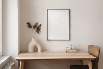 Decorative boho still life. Modern vase with dry reed, grass on table, desk. Empty wooden picture frame mockup. Cup of coffee, books and rattan chair. Artistic poster display. Elegant home interior.