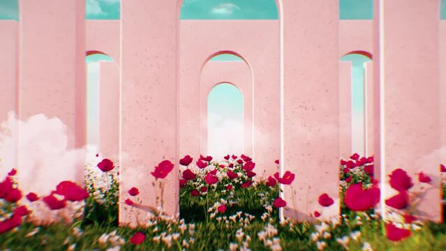 3D Beautiful pink arch corridor with red and white flower garden. moving through many clouds and bright blue sky background. Computer animation. Modern background. motion design. Loopable. LED.4K