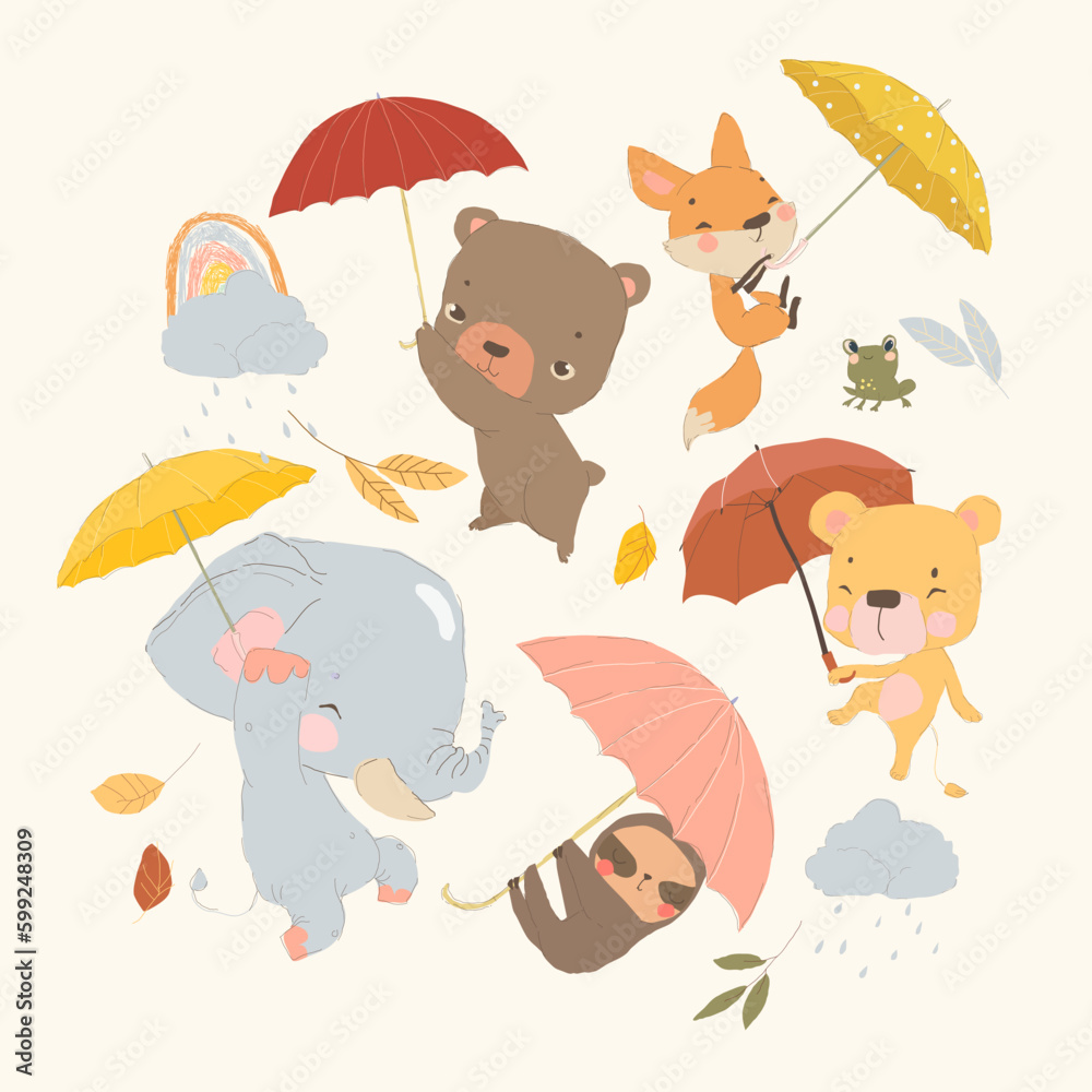 Wall mural Cartoon Set with Cute Animals holding Colorful Umbrellas