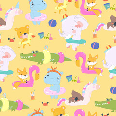 Seamless Pattern with Cute Animals in an Inflatable Circles