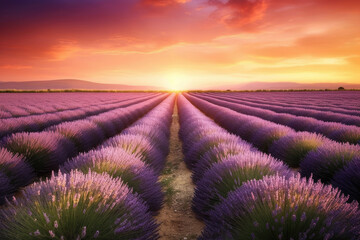 Fototapeta na wymiar Provence, lavender field, sunset, Generative AI