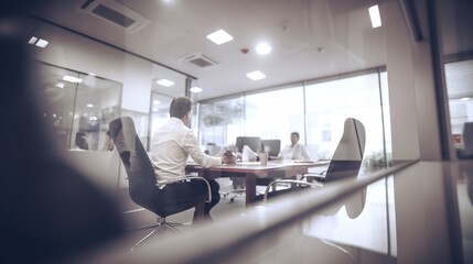 Fototapeta premium Blurry scene of business office, ideal for business backgrounds. Copy space. Based on Generative AI