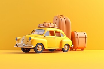 3d rendering of old car and luggage, yellow background, minimal summer and travel concept, Retro style,