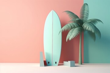 3d rendering of Surfboard, Minimal Summer Holiday Travel Background,