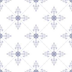 Tile pattern. Ceramic tiles. Vintage tiled. Seamless texture. Modern wallpaper. Blue and white background for your design. Floor ornament. Pottery folk print.  Abstract floral endless. Vector