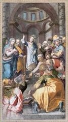 Fotobehang NAPLES, ITALY - APRIL 23, 2023: The fresco of  Twelve old Jesus in the Temple in the church Chiesa di San Giovanni a Carbonara by unknown mannerist painter from years (1570 - 1575). © Renáta Sedmáková