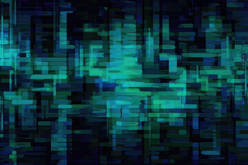 Glitch background. Distortion texture. 8bit noise. Teal green blue blue black color pixel artifacts on dark abstract illustration poster