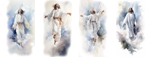 A set of watercolor illustrations of the Ascension of Jesus Christ. Christian background, religious pattern, for publications and decorations