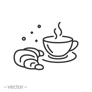 cup coffee with croissant icon, breakfast concept, bun with drink, thin line symbol - editable stroke vector illustration