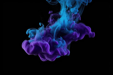Ink water. Paint drop. Smoke cloud. Blue purple color glitter glowing vapor splash on black abstract art background with free space