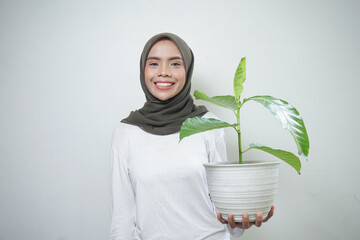 Cheerful Asian muslim woman in t-shirt and hijab holding plant isolated on white background