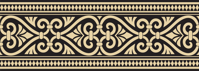 Vector golden and black seamless ornament of ancient Greece. Classic Endless pattern frame border Roman Empire.. - obrazy, fototapety, plakaty
