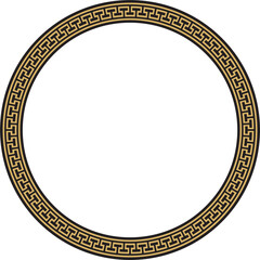 Vector gold and black round frame, border, classic Greek meander ornament. Patterned circle, ring of Ancient Greece and the Roman Empire..