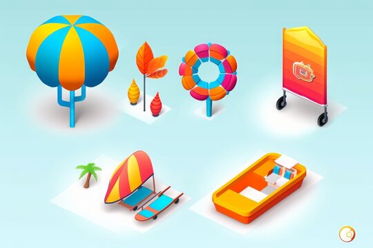 Vacations icon set with 9 colorful icons. Icon set for items related to beach activities stock illustration