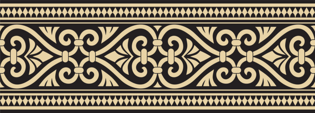 Vector golden and black seamless ornament of ancient Greece. Classic Endless pattern frame border Roman Empire..