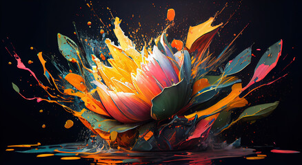Lotus Flower with Moveing and Falling Colorful Paint and Water Splashing on RGB Abstract Background Generative AI