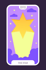 The Star tarot cartoon flat card template major arcana. Taro vector illustration spiritual signs with esoteric magic and astrology symbols. Isolated colored graphic. Witchcraft concept EPS