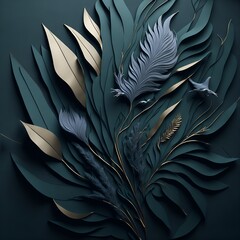 3d modern interior mural painting wall art decor abstraction wallpaper with white, dark green and golden and flowers with feathers peacock bird illustration background Generative AI