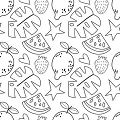Seamless pattern fruit line organic, healthy and vegan food packaging Fresh healthy organic food vector doodle hand drawn illustration. EPS