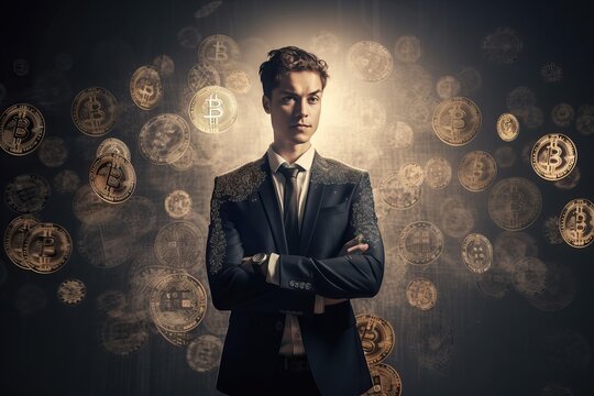 A man dressed in a black classic suit stands on a black background with bitcoin coins and bokeh, Generative AI.