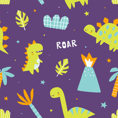 Dark jurassic pattern with cute dino. Seamless vector print with abstract dinosaurs for baby textile and fabric.