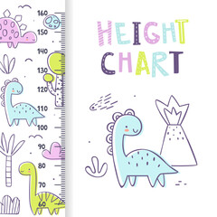 Height chart with cute outline dino. Doodle ruler with funny dinosaurs. Jurassic stadiometer for baby boys.