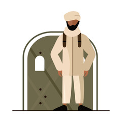 Muslim man refugee flat illustration. Escape from the country, hiding from war
