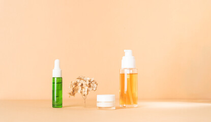 Set of cosmetic products and dry flower. Clear liquid and white cream. Beauty concept. Copy space