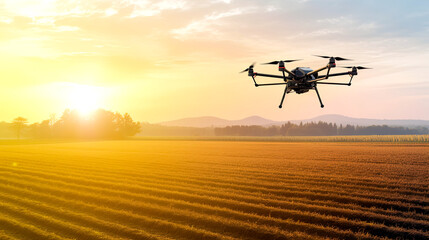 Naklejka na ściany i meble Modern technologies in agriculture. Industrial drone flies over a green field and sprays useful pesticides to increase productivity and destroys harmful insects. Generative AI